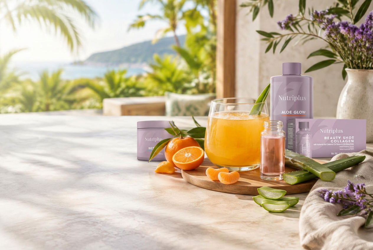 Bebida Morning Glow con productos Nutriplus, mandarina y aloe en una mesa luminosa