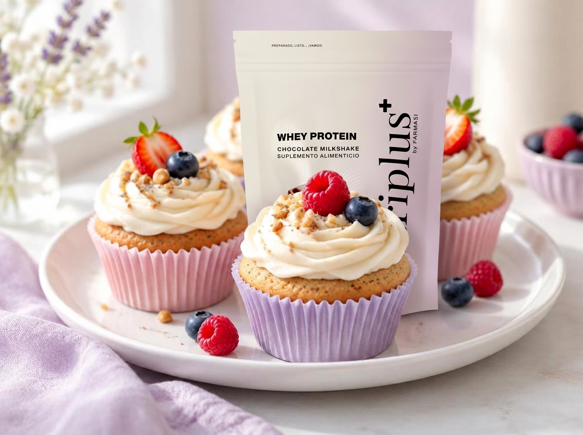 Cupcakes con crema y frutos rojos junto al empaque de Whey Protein Nutriplus