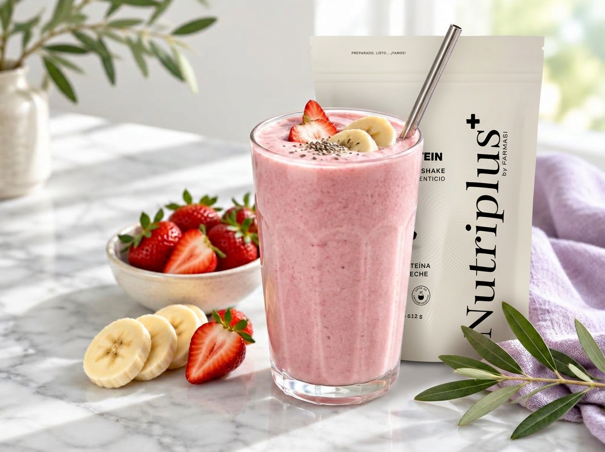 Smoothie rosado con fresas y banano junto al empaque de Whey Protein Nutriplus
